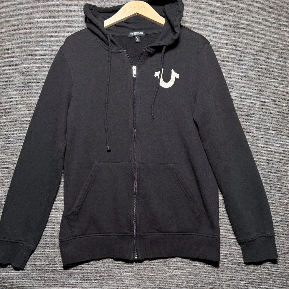 True Religion Zip Hoodie Mens Small Black LS City Buddha Graphic Horseshoe Logo